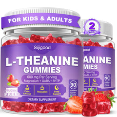 Sijigood L-Theanine Gummies bottle close-up for calm focus during a busy day.