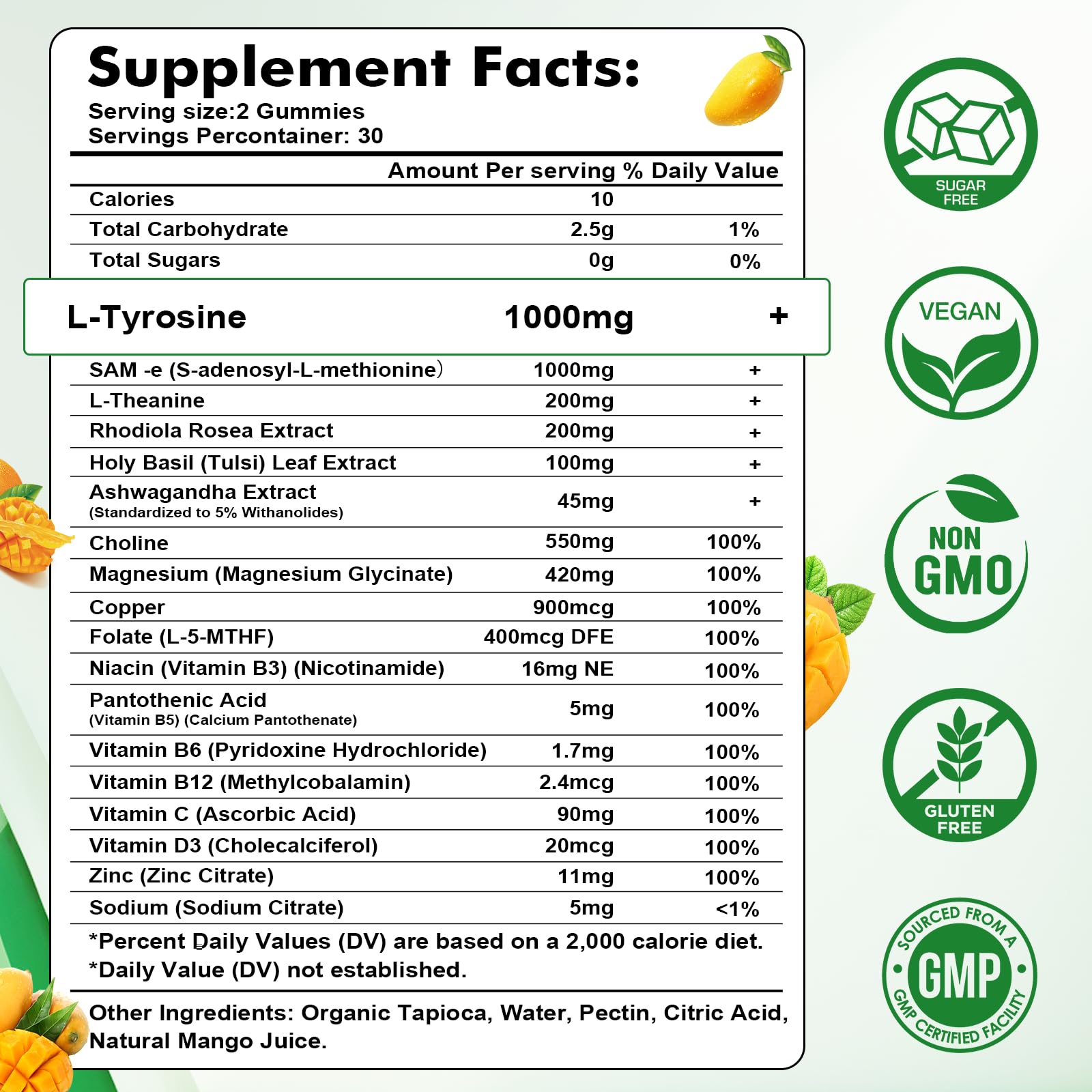 Sijigood L-Tyrosine Gummies bottle back showing vegan formula and ingredients.