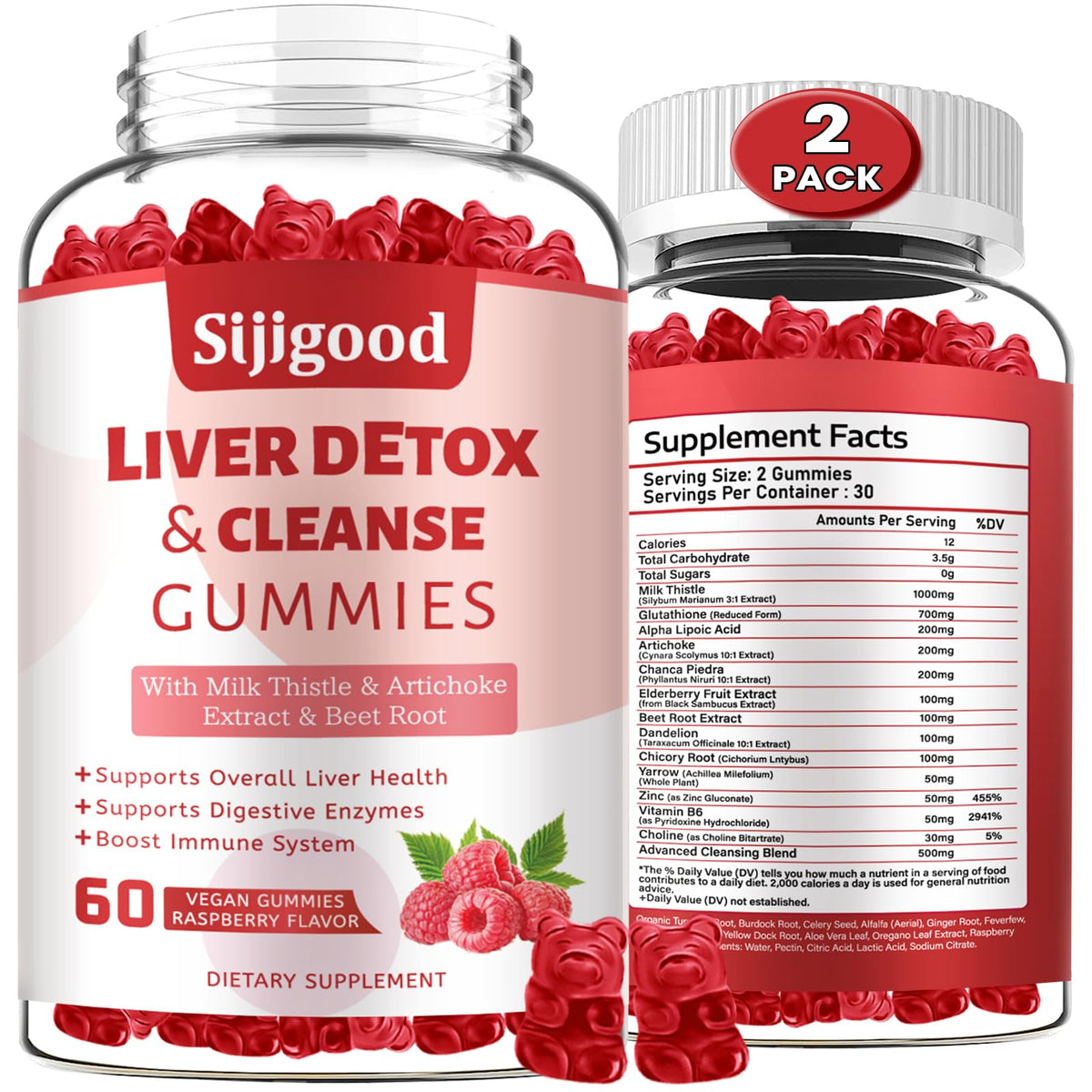 Sijigood liver cleanse gummies bottle pour showing raspberry flavor and potential liver support
