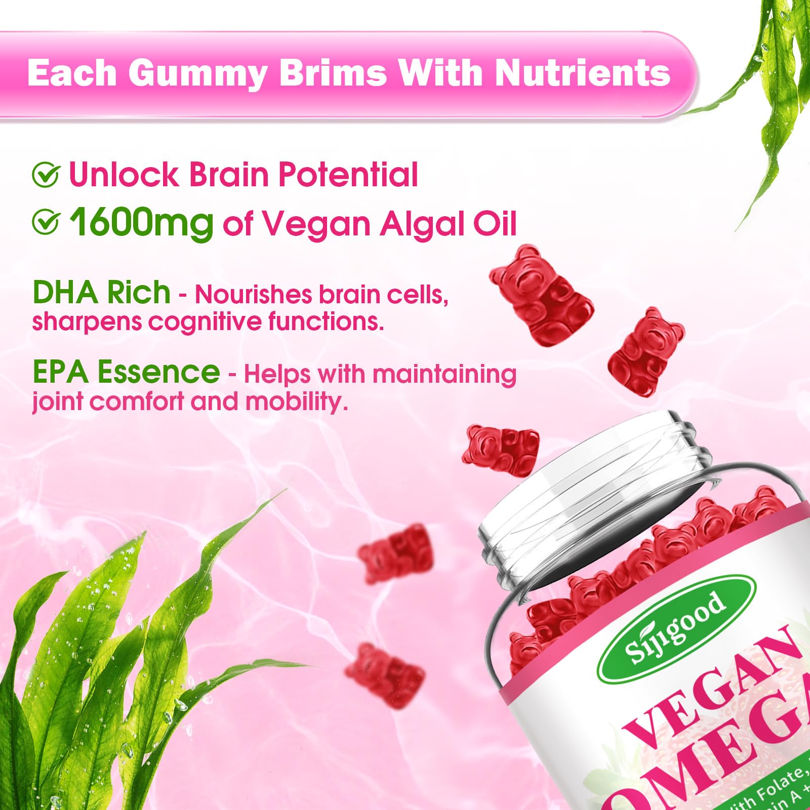Sijigood Omega-3 Gummies label closeup, highlighting vegan DHA and EPA.