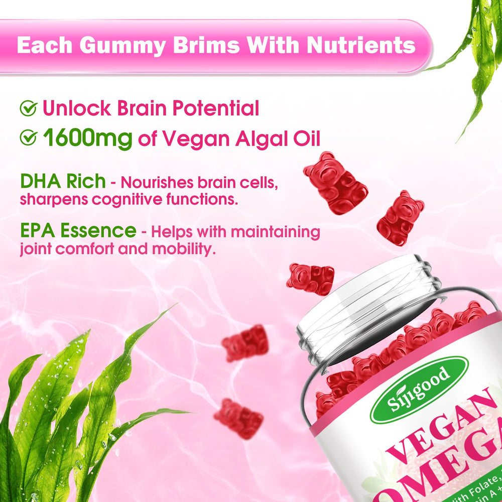 Sijigood Omega-3 Gummies label closeup, highlighting vegan DHA and EPA.
