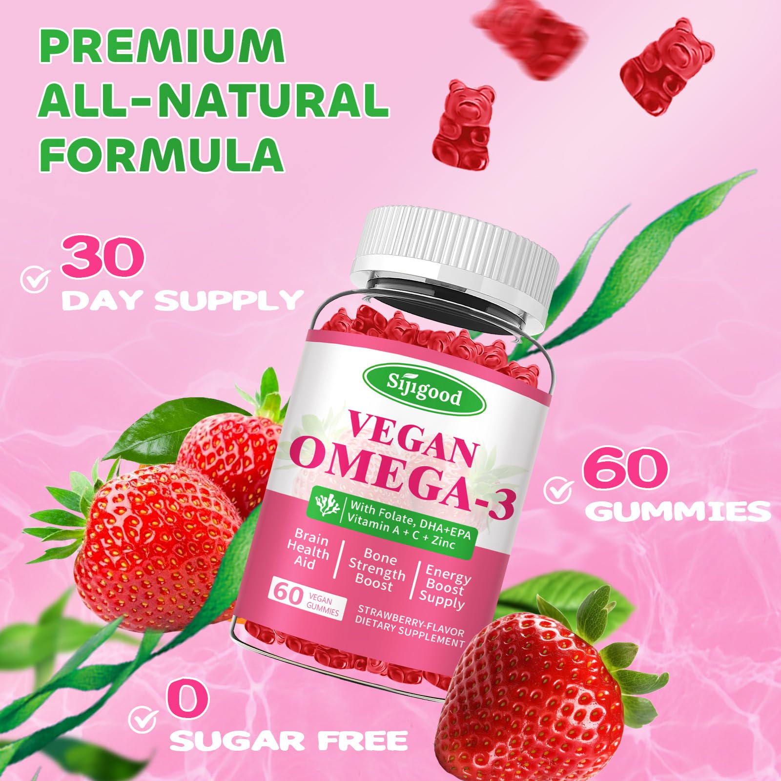 Sijigood Omega-3 Gummies non-GMO badge, pure algae-derived omega-3.