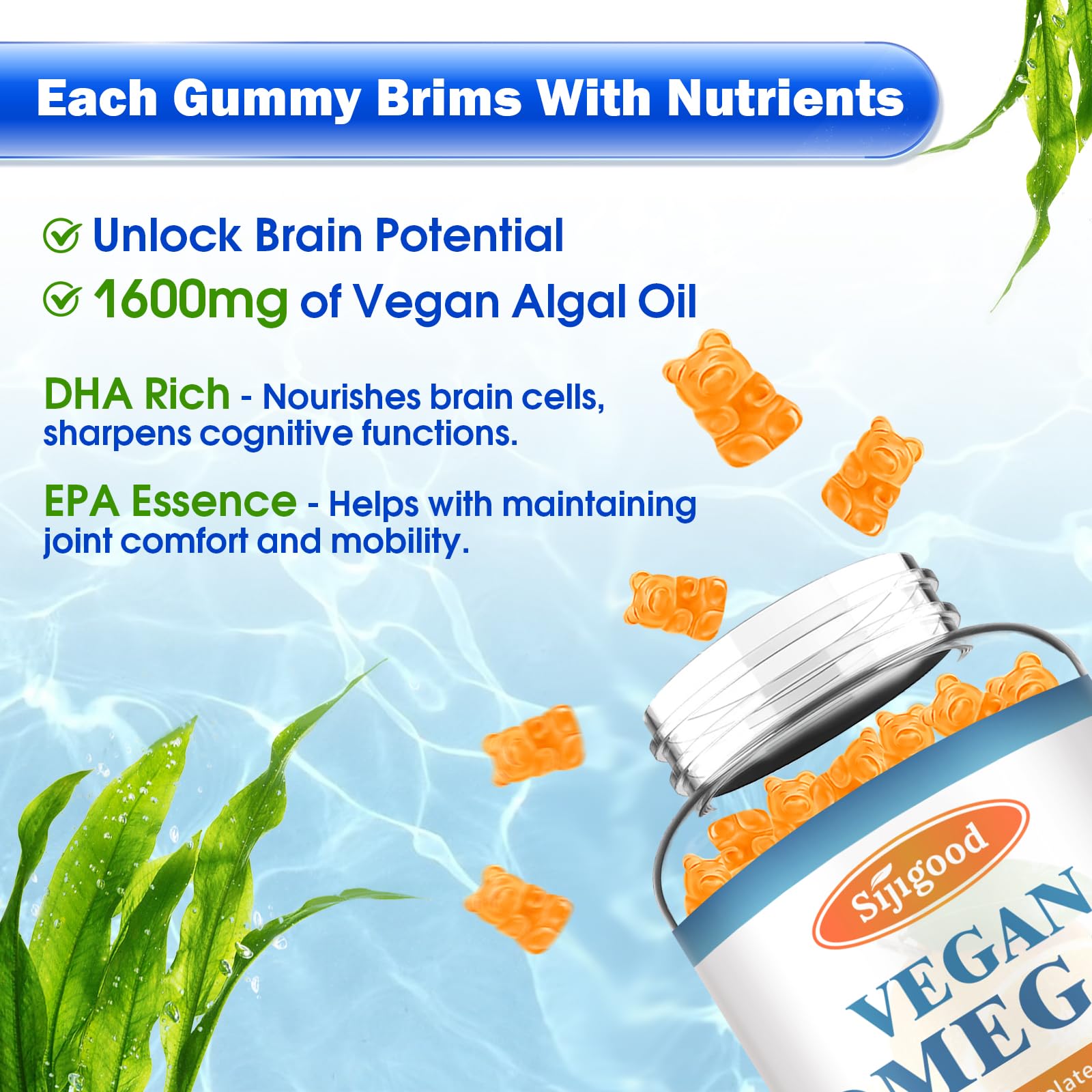 Gummies poured from bottle show sugar-free convenient omega-3 consumption.