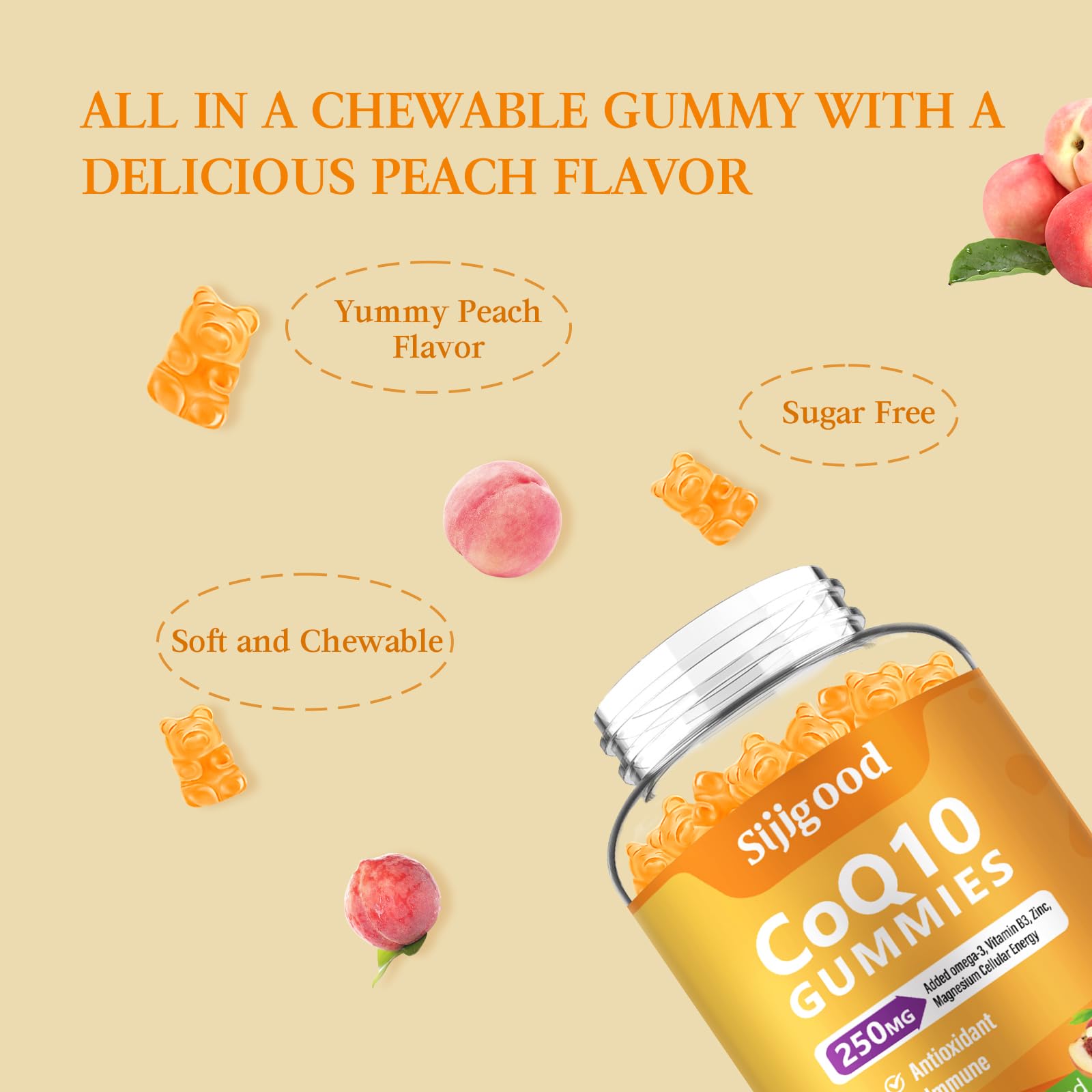 Sijigood peach-flavor gummies close-up highlighting natural fruit taste