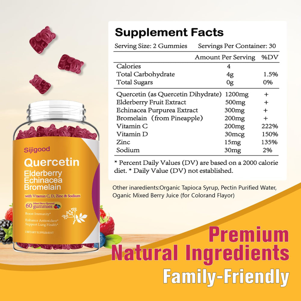 Packaging and nutrition label of Sijigood quercetin gummies.