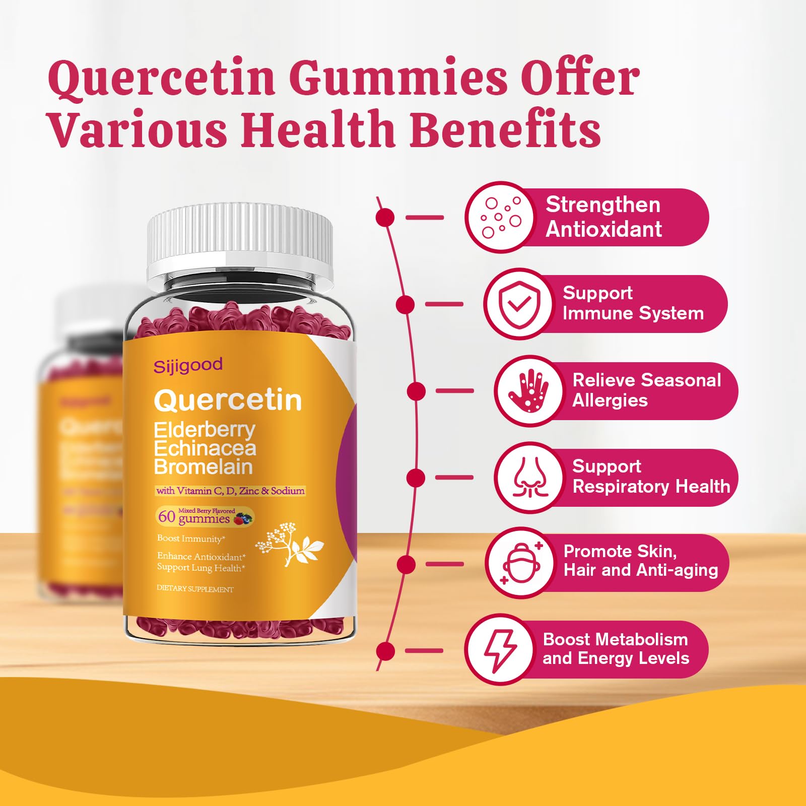 Close-up texture of Sijigood quercetin gummies for chewable ease.