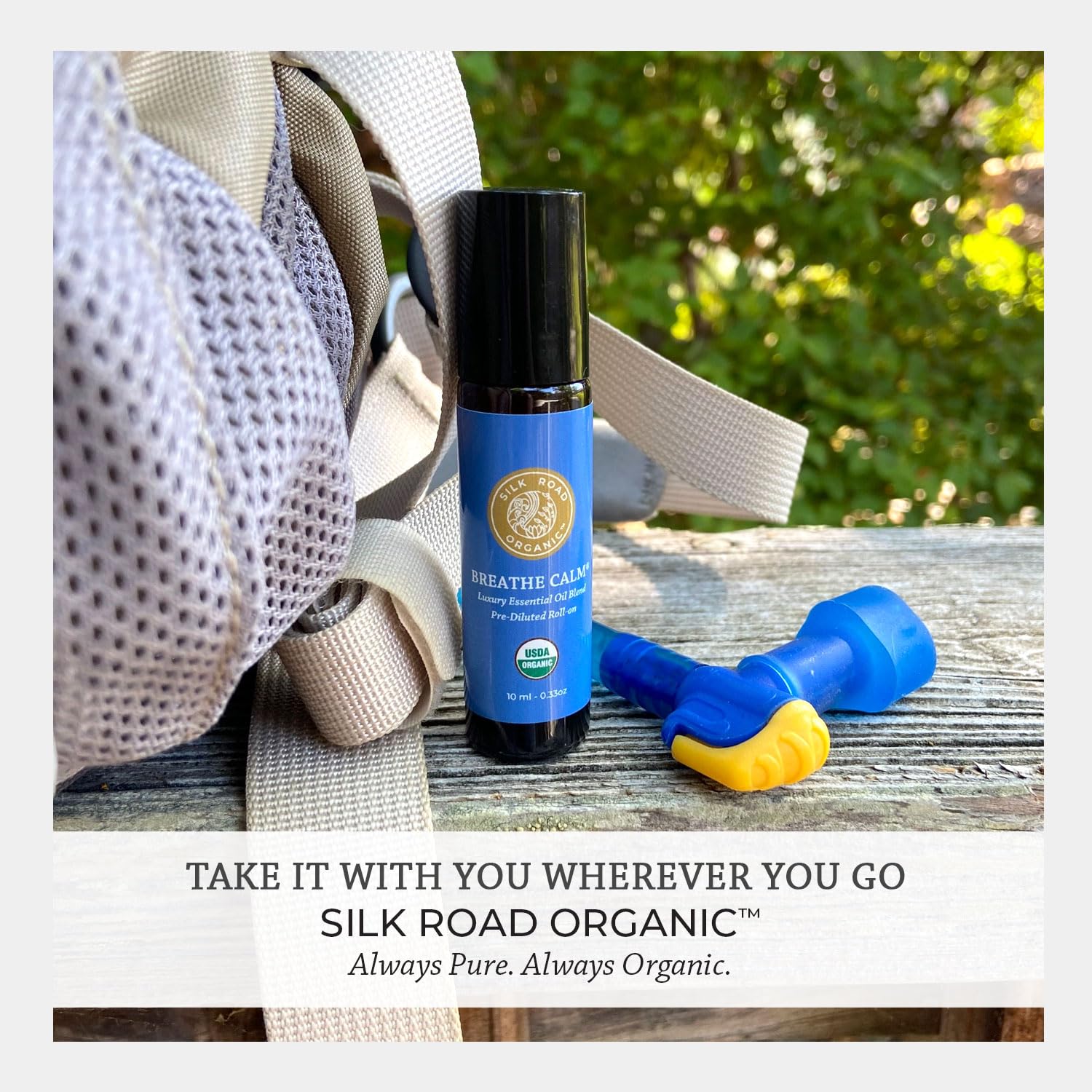 Silk Road Organic Breathe Easy aromatherapy scene suggesting relaxation during travel.