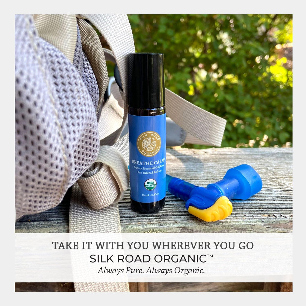 Silk Road Organic Breathe Easy aromatherapy scene suggesting relaxation during travel.