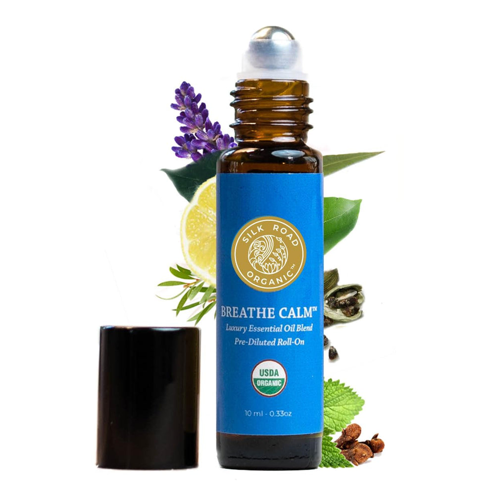 Silk Road Organic Breathe Calm roll-on 10ml bottle for quick on-the-go relief.