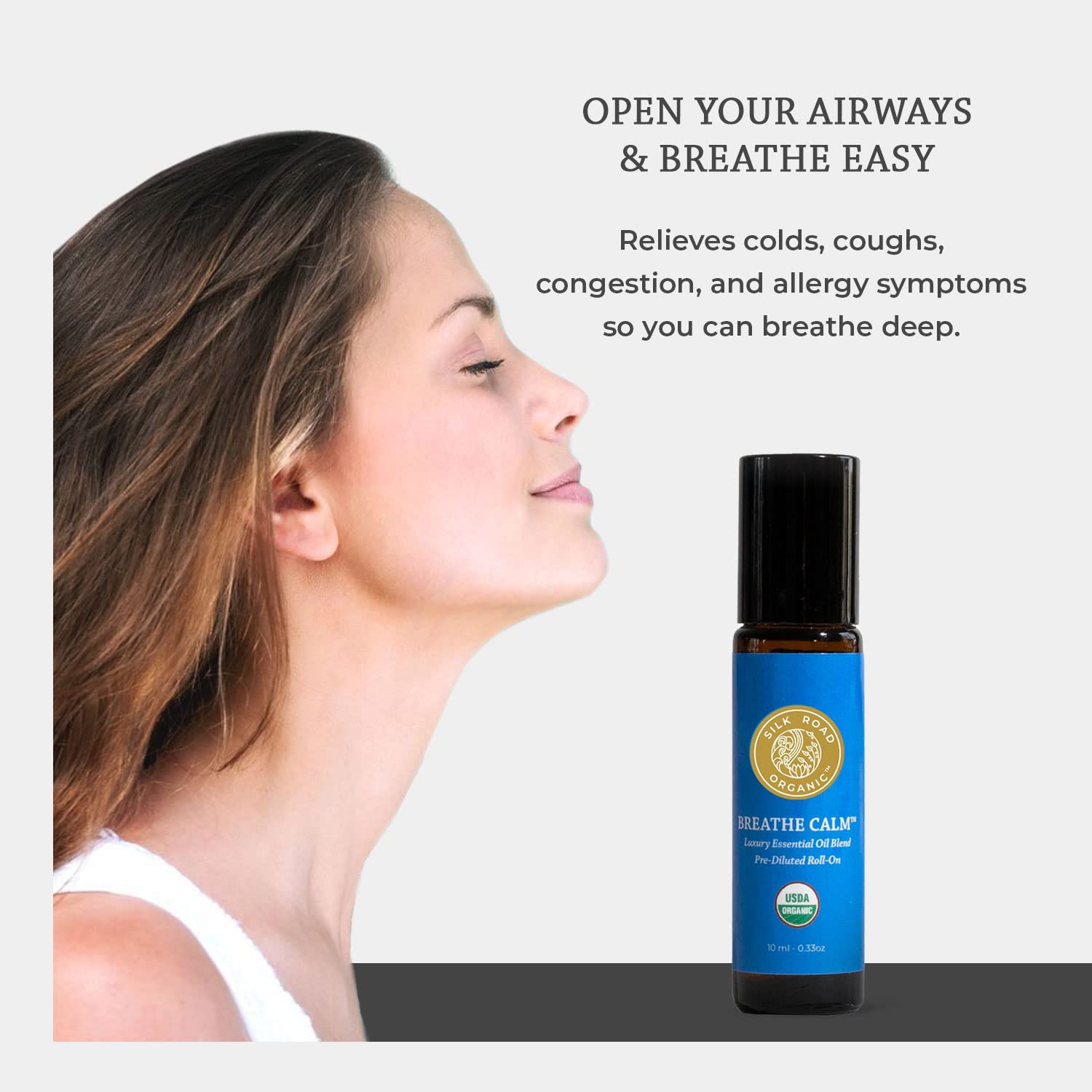Silk Road Organic Breathe Easy bottle pour showing pre-dilution for safe skin use.