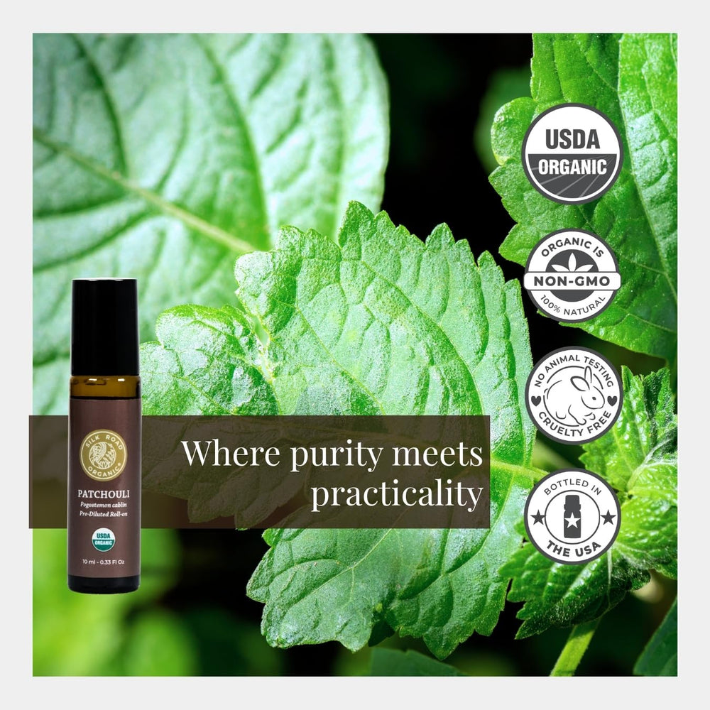 Silk Road Organic Patchouli, aplicador-rodillo, mezcla natural con aceite de coco para aromaterapia suave.