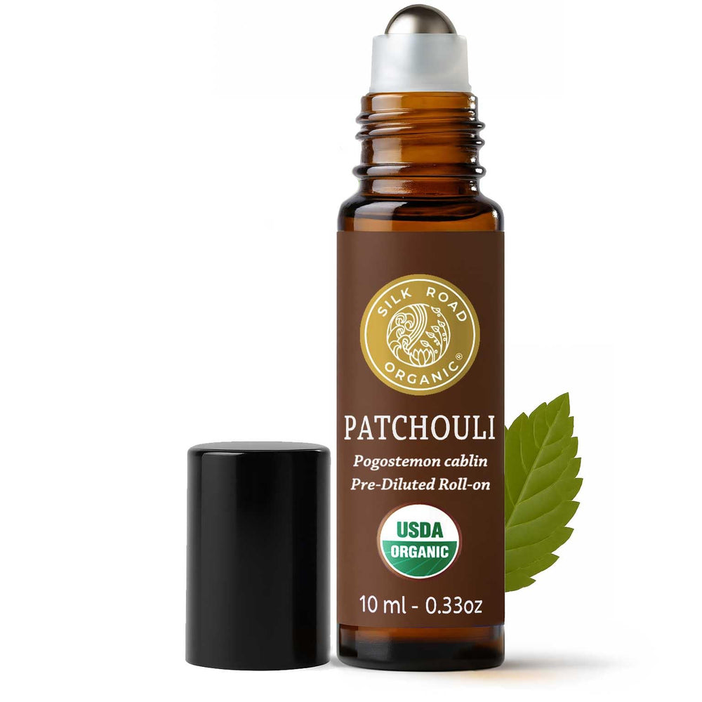 Silk Road Organic Patchouli, aplicador-rodillo-botella, aroma terroso para calma y claridad.