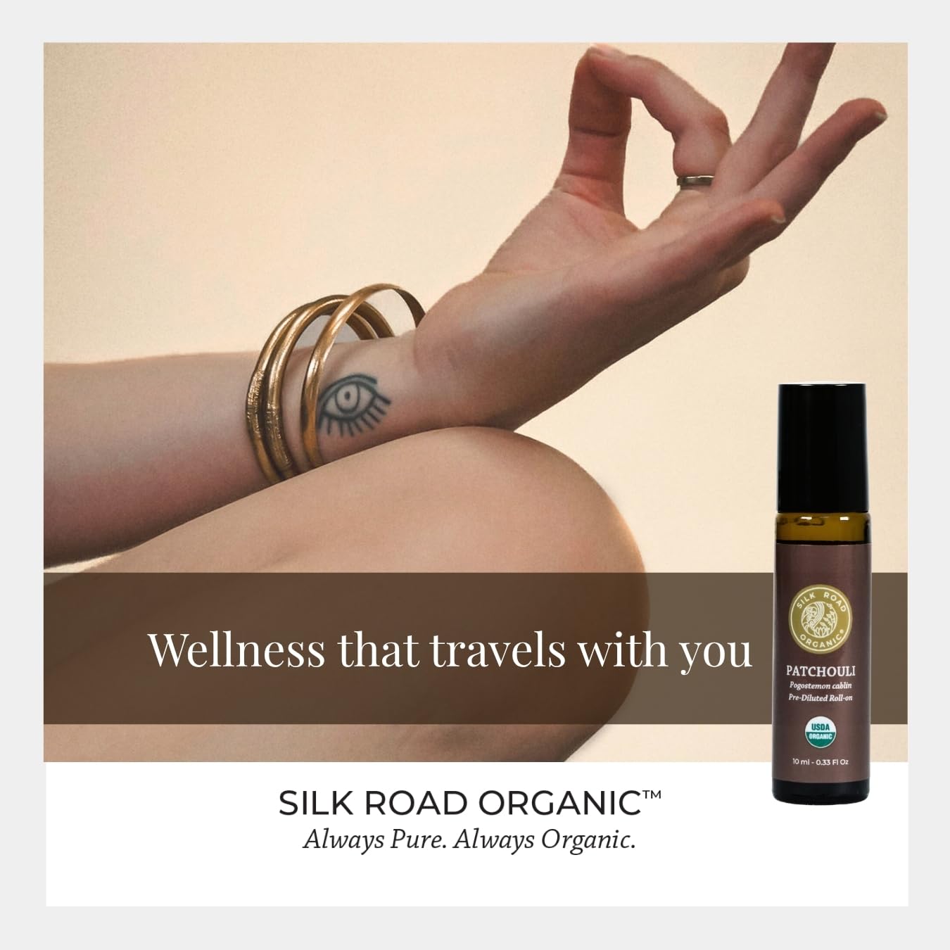 Silk Road Organic Patchouli, aplicador-rodillo, ideal para rituales relajantes al final del día.