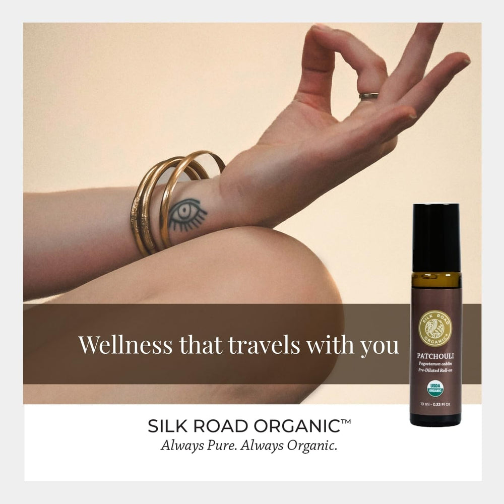 Silk Road Organic Patchouli, aplicador-rodillo, ideal para rituales relajantes al final del día.
