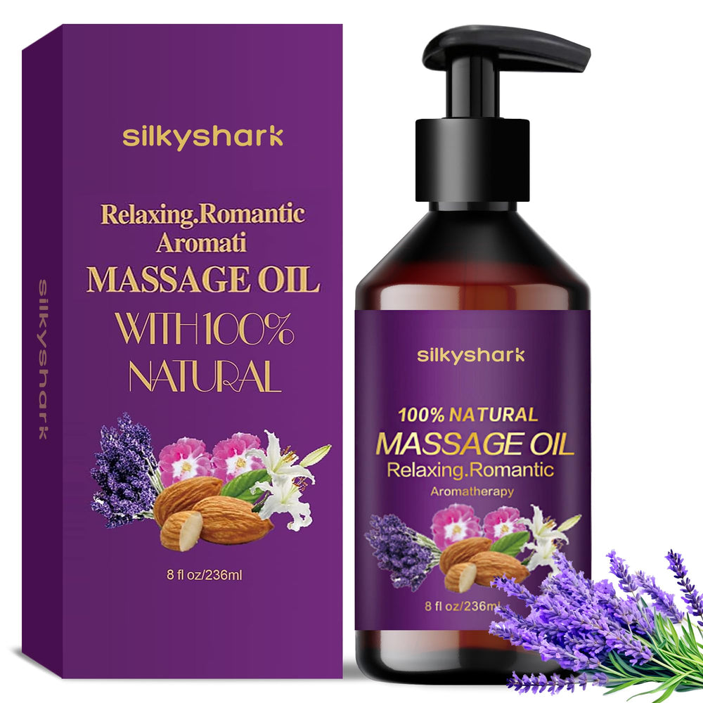SilkyShark Lavender Massage Oil bottle for relaxing self care moments