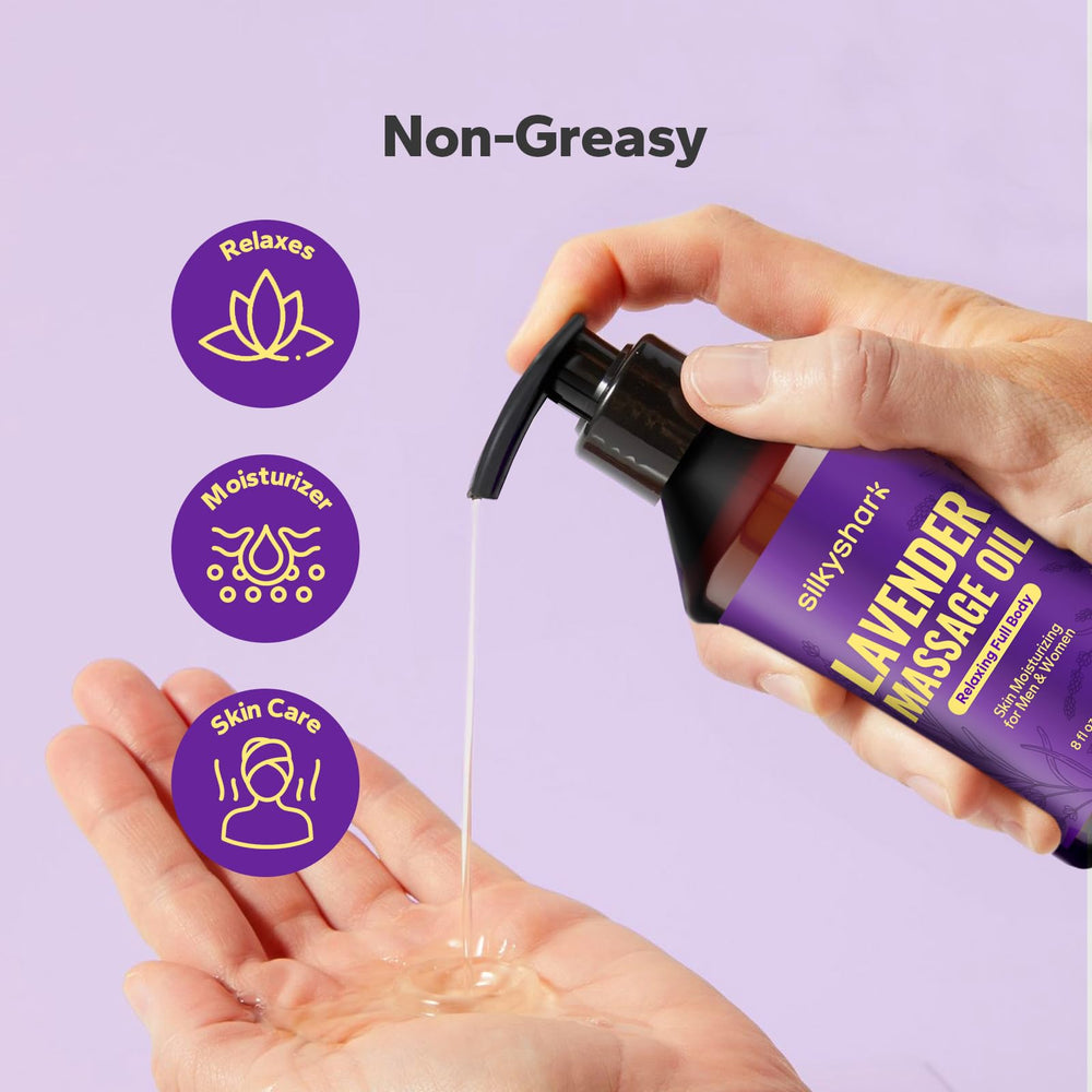 Easy dispense SilkyShark Lavender Massage Oil ideal for targeted application