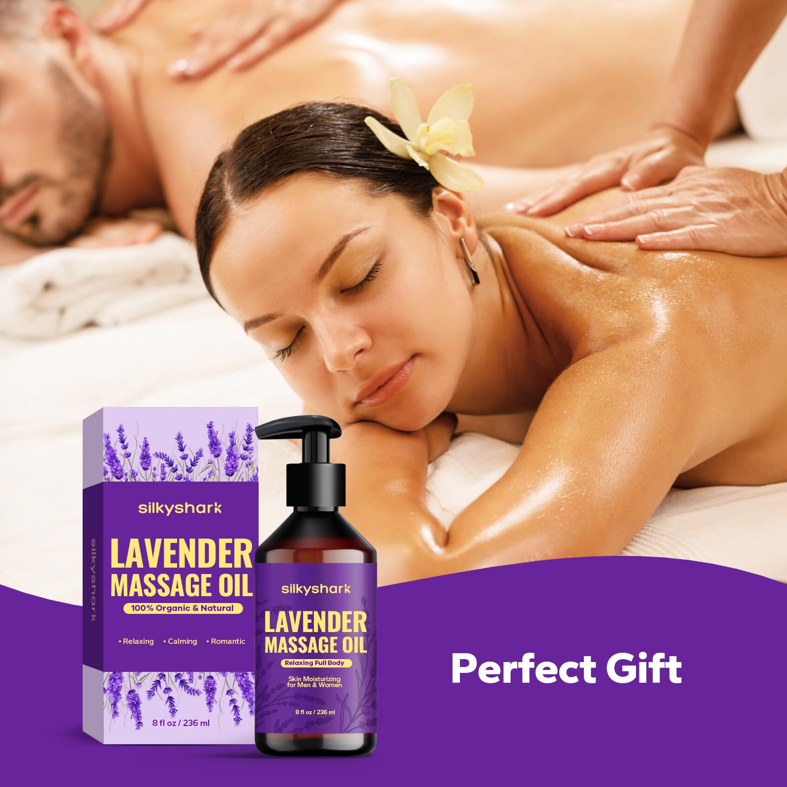 SilkyShark Lavender Massage Oil on skin during a relaxing massage