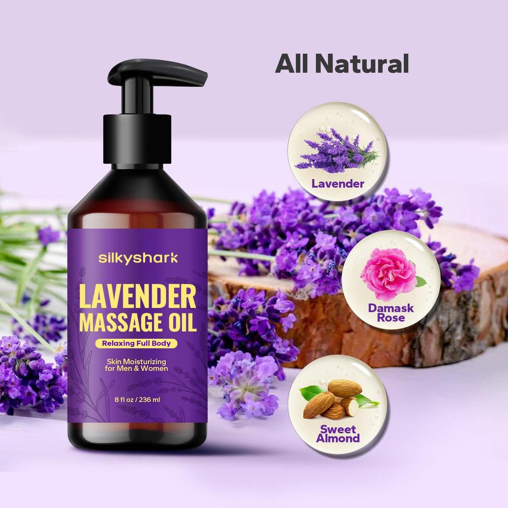 Pouring SilkyShark Lavender Massage Oil for a soothing massage