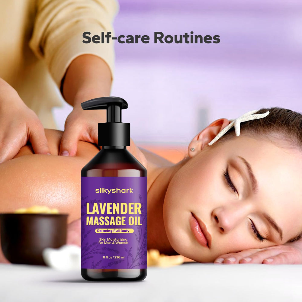 Spa like setup with SilkyShark Lavender Massage Oil and towels
