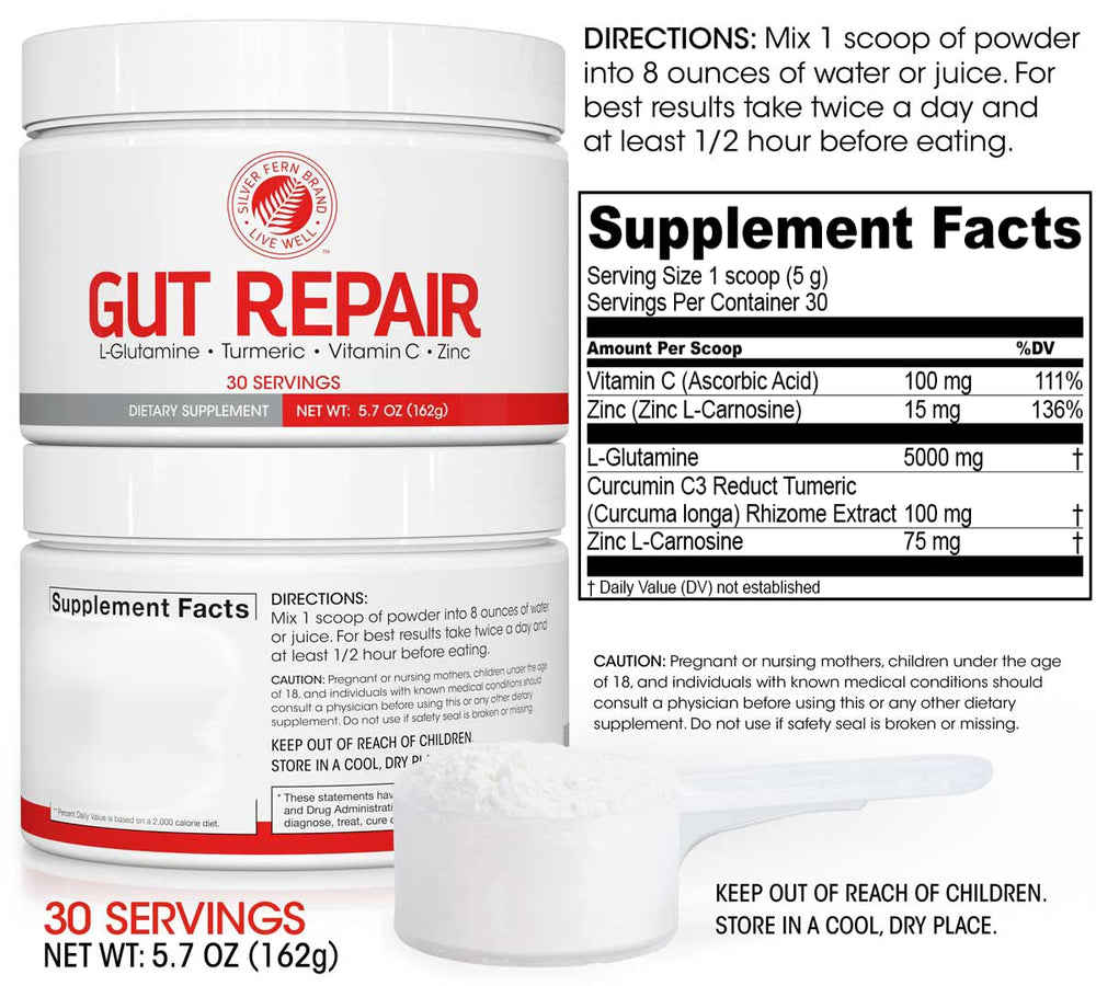 Silver Fern Gut Repair jar close-up highlights L-Glutamine and Curcumin for balance.