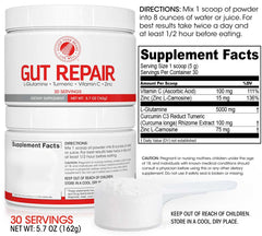 Silver Fern Gut Repair jar close-up highlights L-Glutamine and Curcumin for balance.