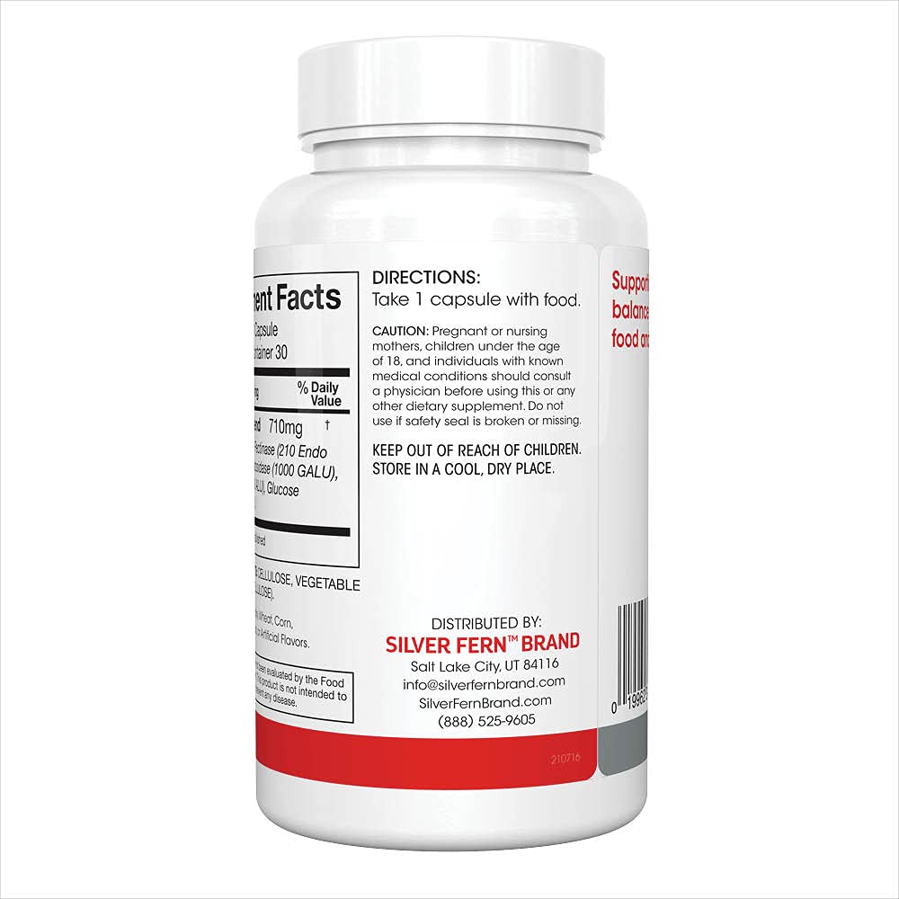 Silver Fern product label highlights active ingredients and digestive support features.