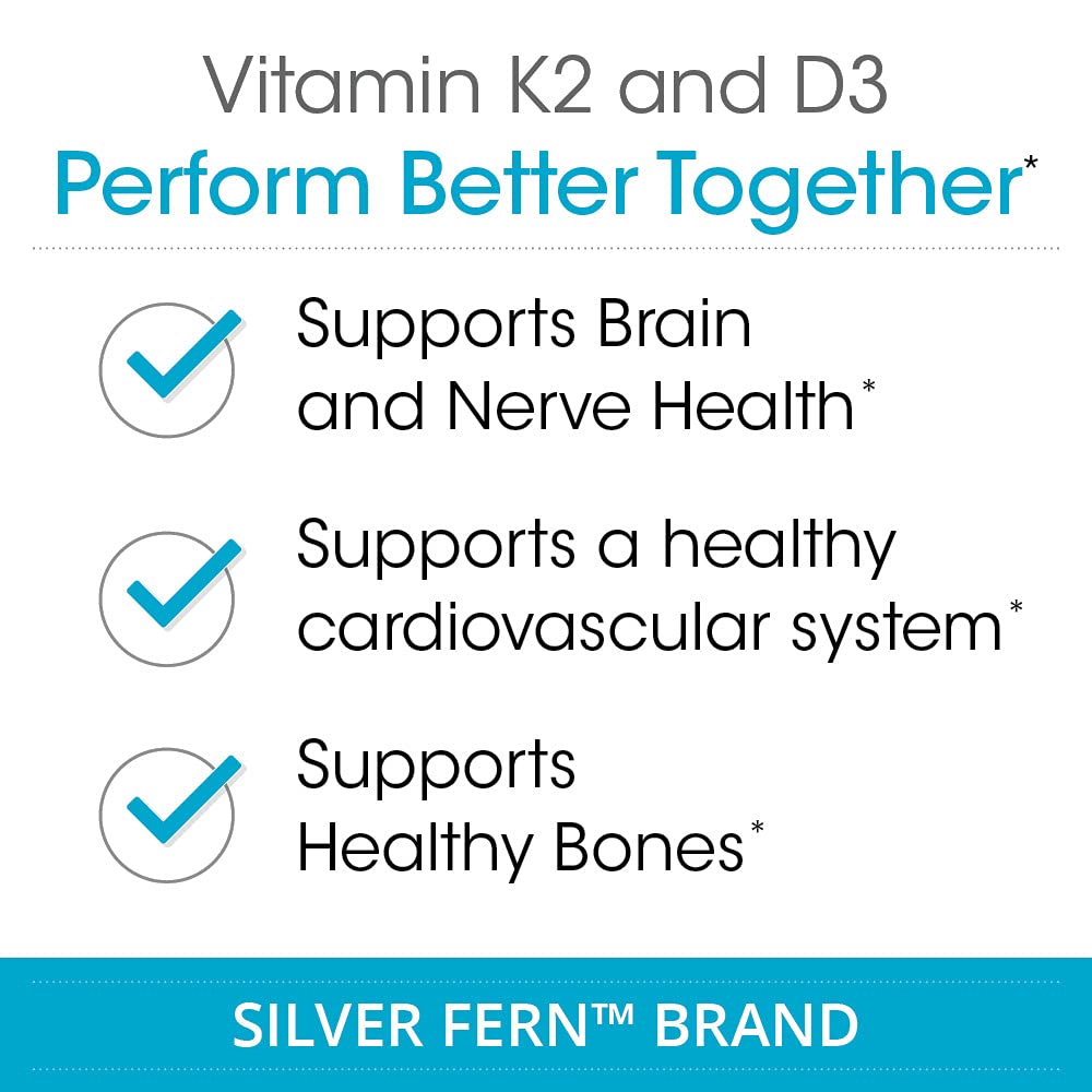 Silver Fern K2-D3 bottle back label details Vitamin D3 source and natural MK-7 form.