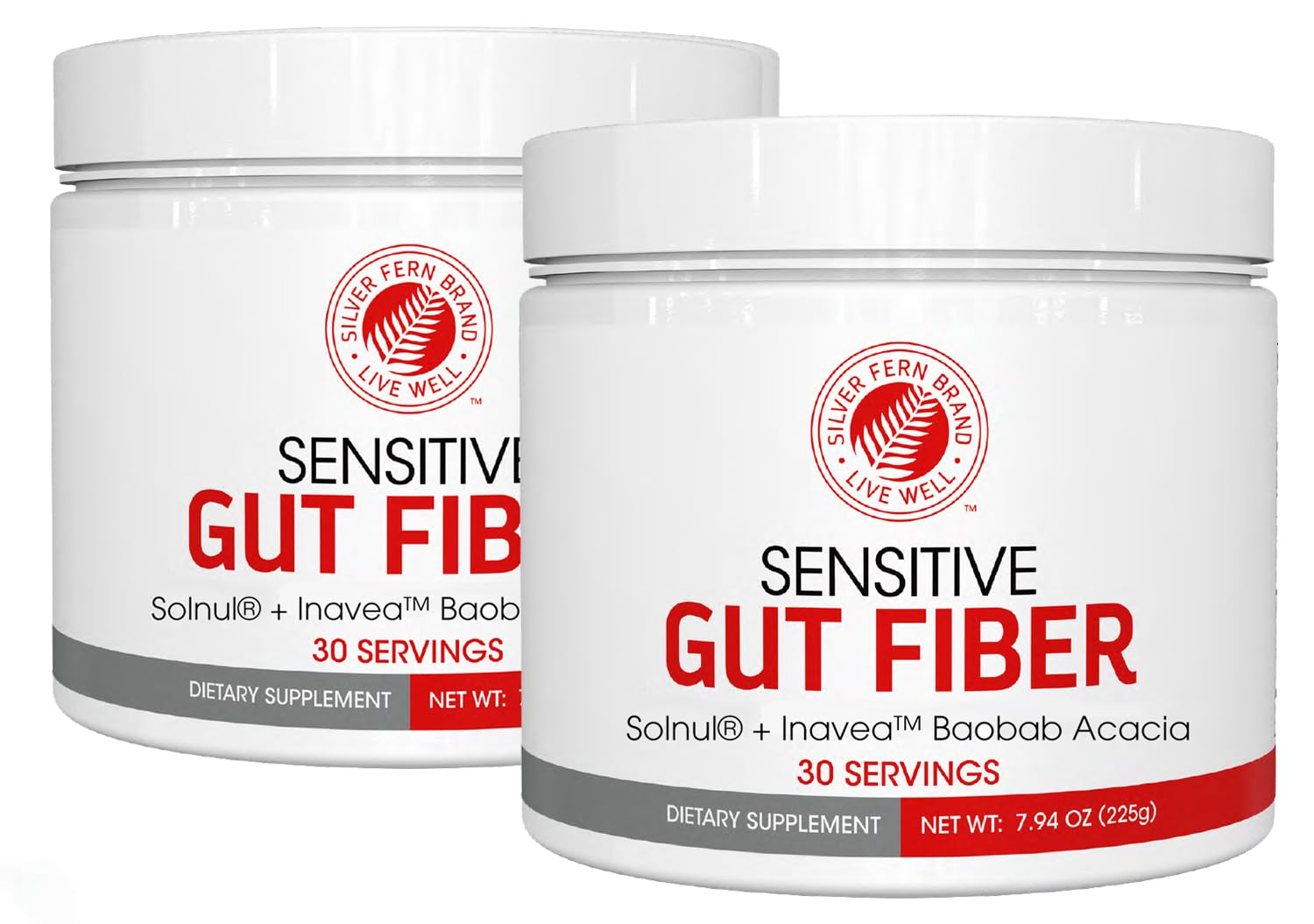 Silver Fern Sensitive Gut Fiber tub front for daily gentle digestion support.