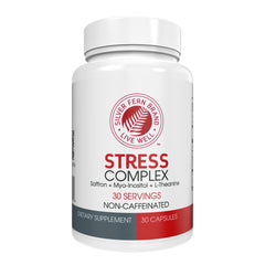 Silver Fern Stress Complex bottle on desk, caffeine-free support for daily calm