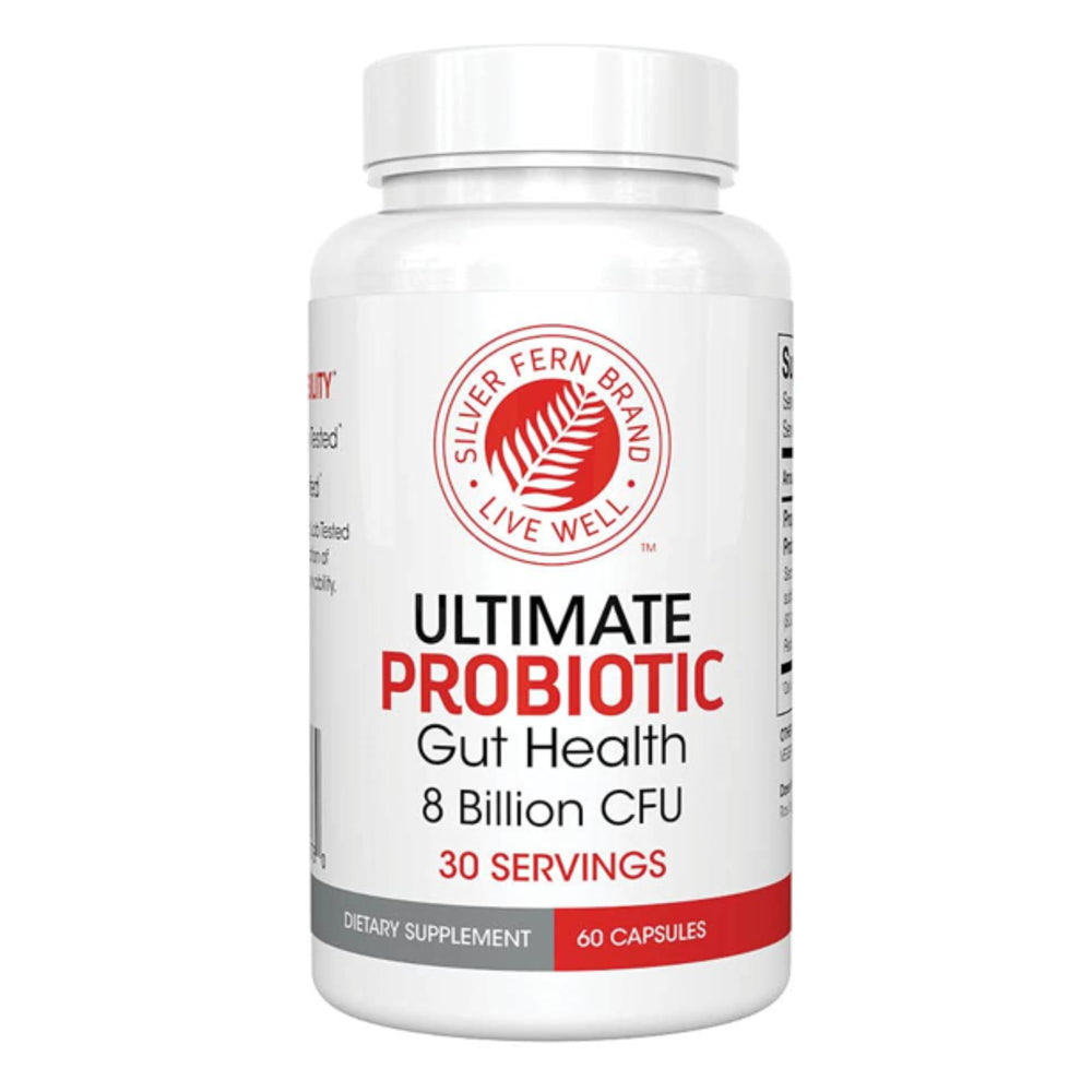 Silver Fern Ultimate Probiotic bottle front showing 60 capsules for daily gut health