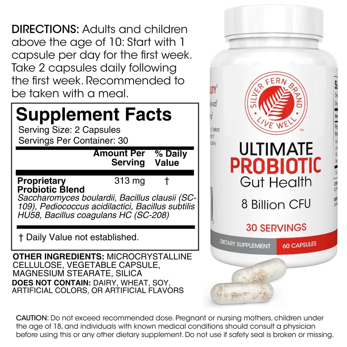 Silver Fern probiotic bottle side view featuring vegan and shelf-stable formula