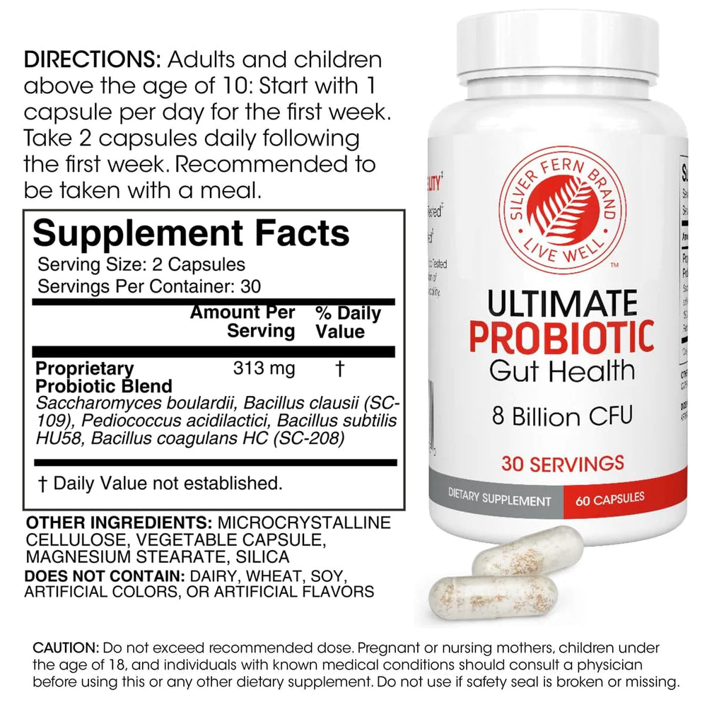 Silver Fern probiotic bottle side view featuring vegan and shelf-stable formula