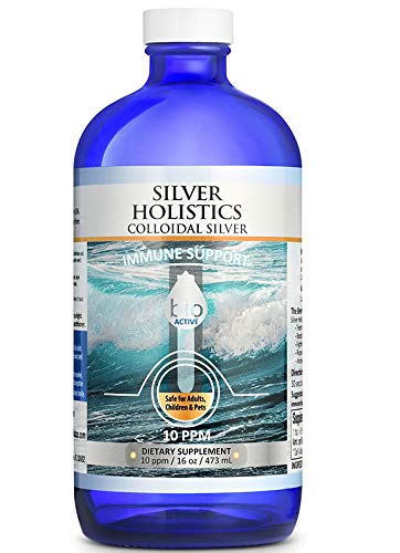 Silver Holistics colloidal silver liquid 16oz bottle front view highlights glass protection and purity.