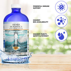 Silver Holistics colloidal silver liquid 16oz bottle pour demonstrates easy dosage for daily use.