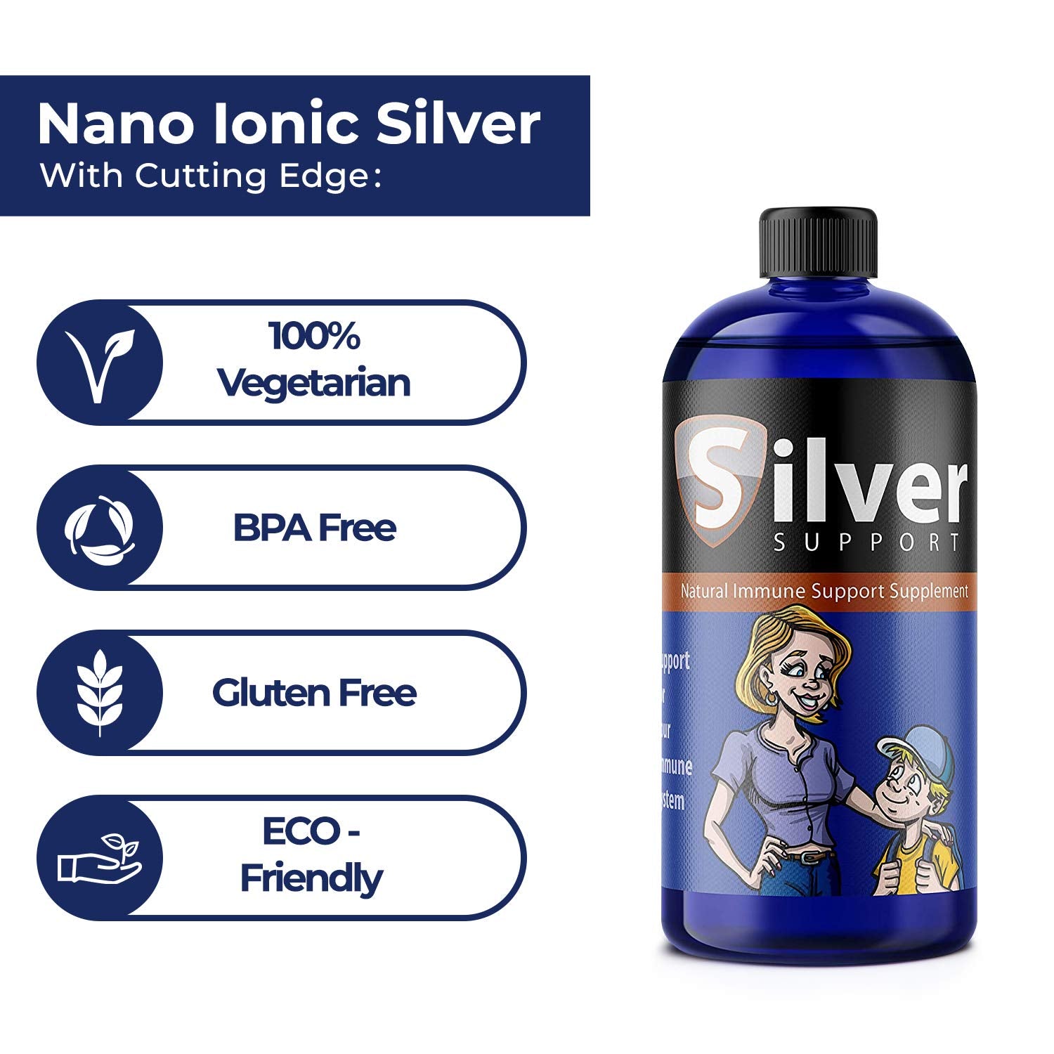 Silver Support label closeup shows product details and ingredients.