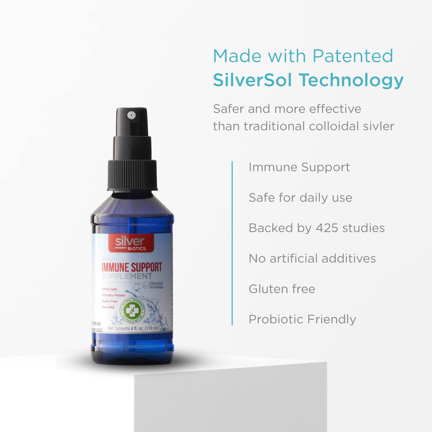Silver Biotics bottle cap closeup highlights sleek packaging and additive-free promise.