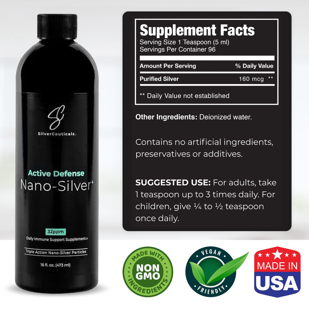 Closeup of SilverCeuticals 32ppm label highlighting concentration and purity