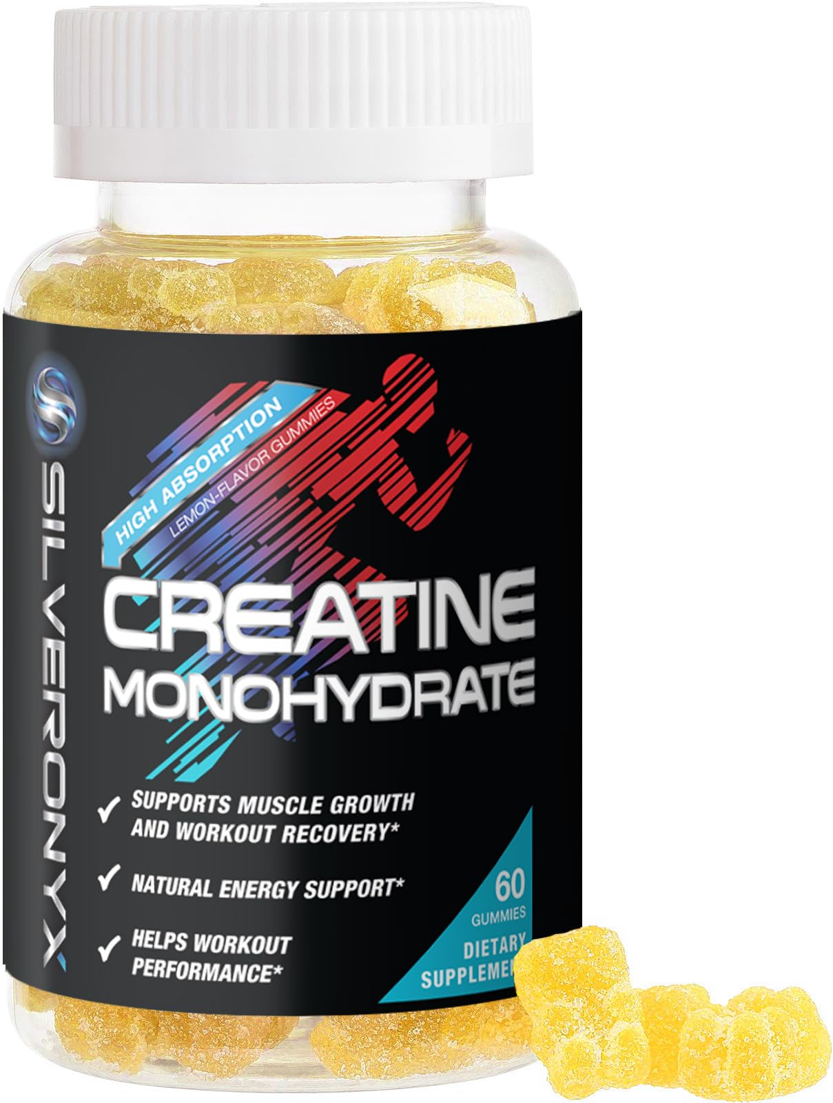 SilverOnyx Creatine Monohydrate Gummies lemon bottle boost workout energy and endurance.