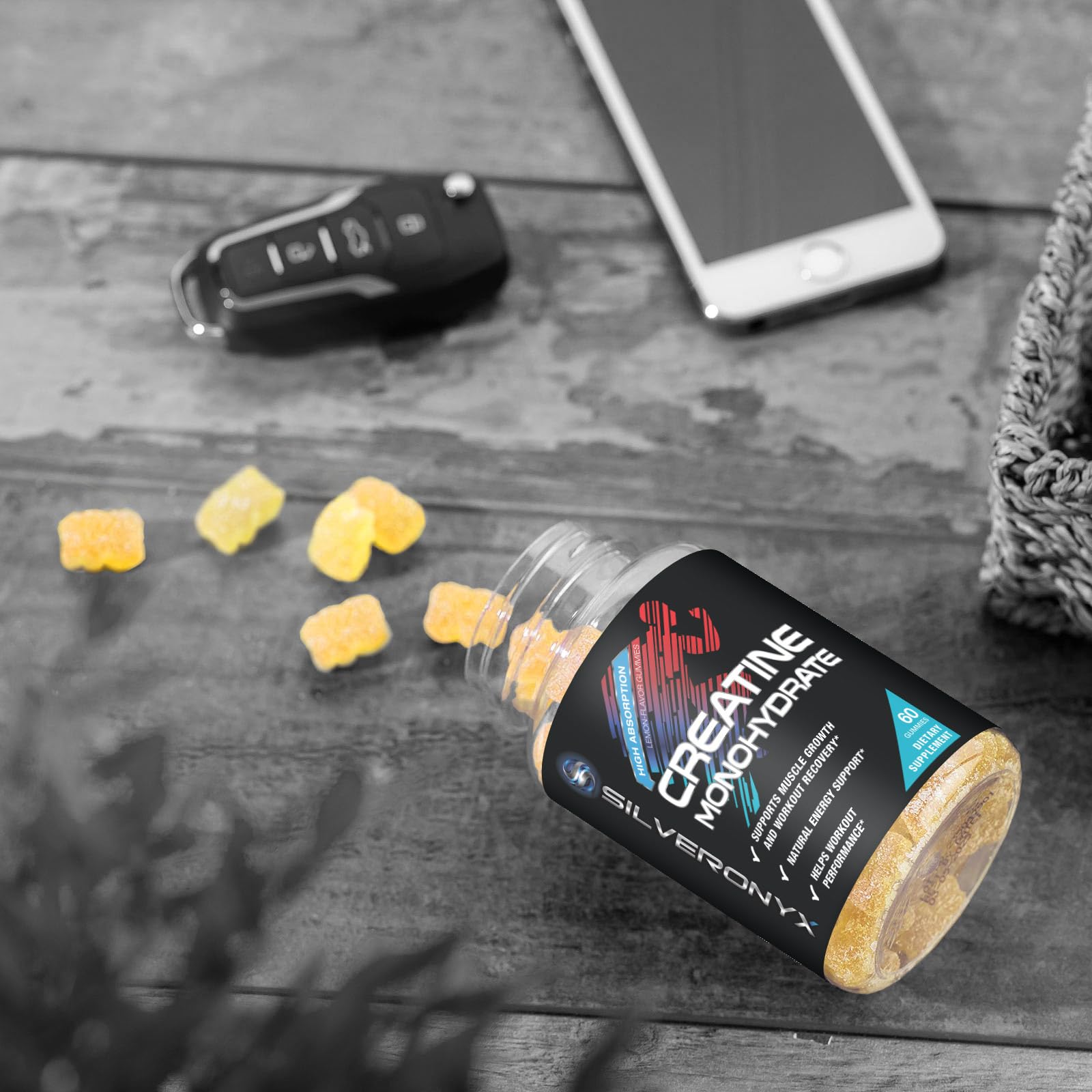 Gummies and scoop illustrate a simple, sugar-free daily routine for fitness.