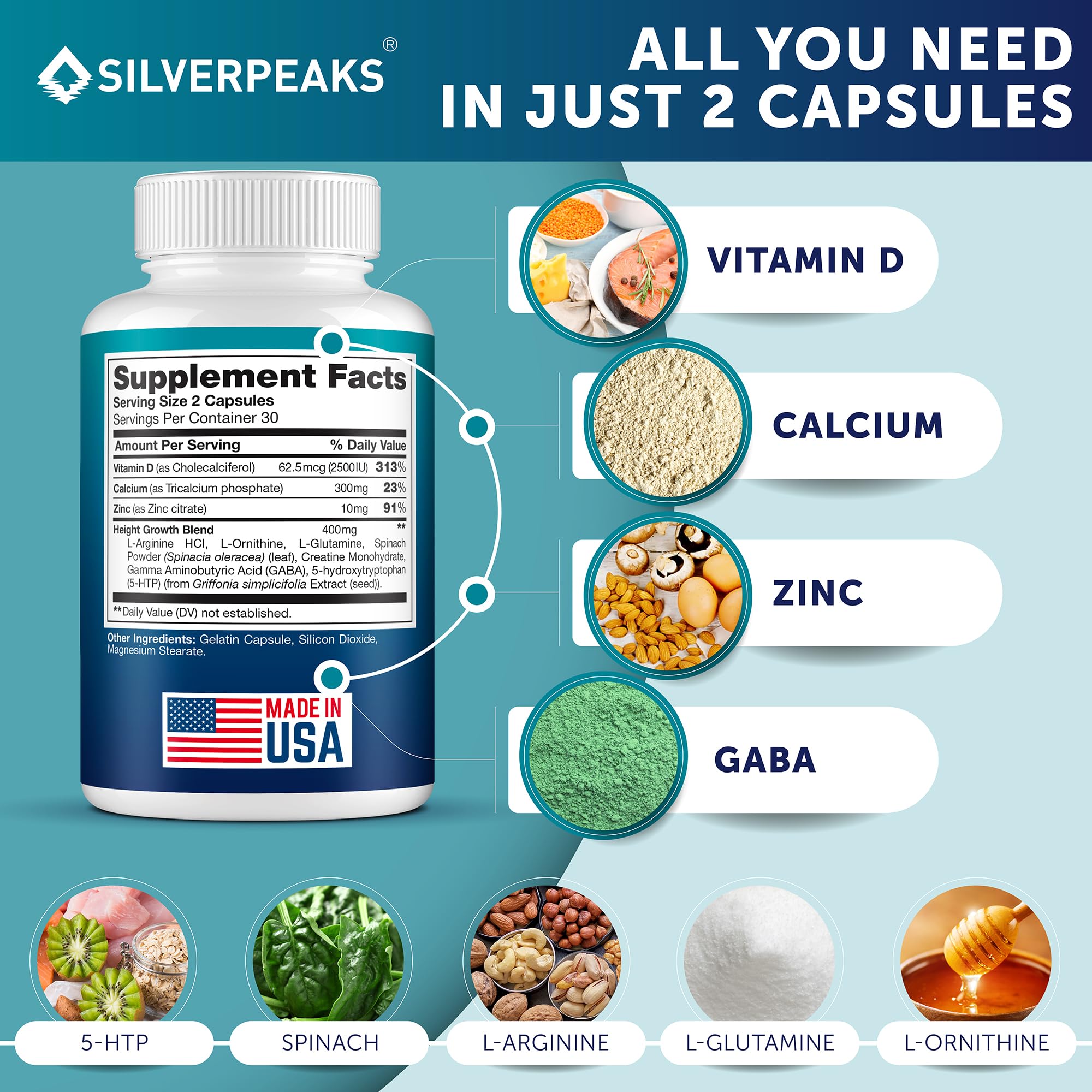 SILVERPEAKS Growth label back, detailing calcium and vitamin D for bones