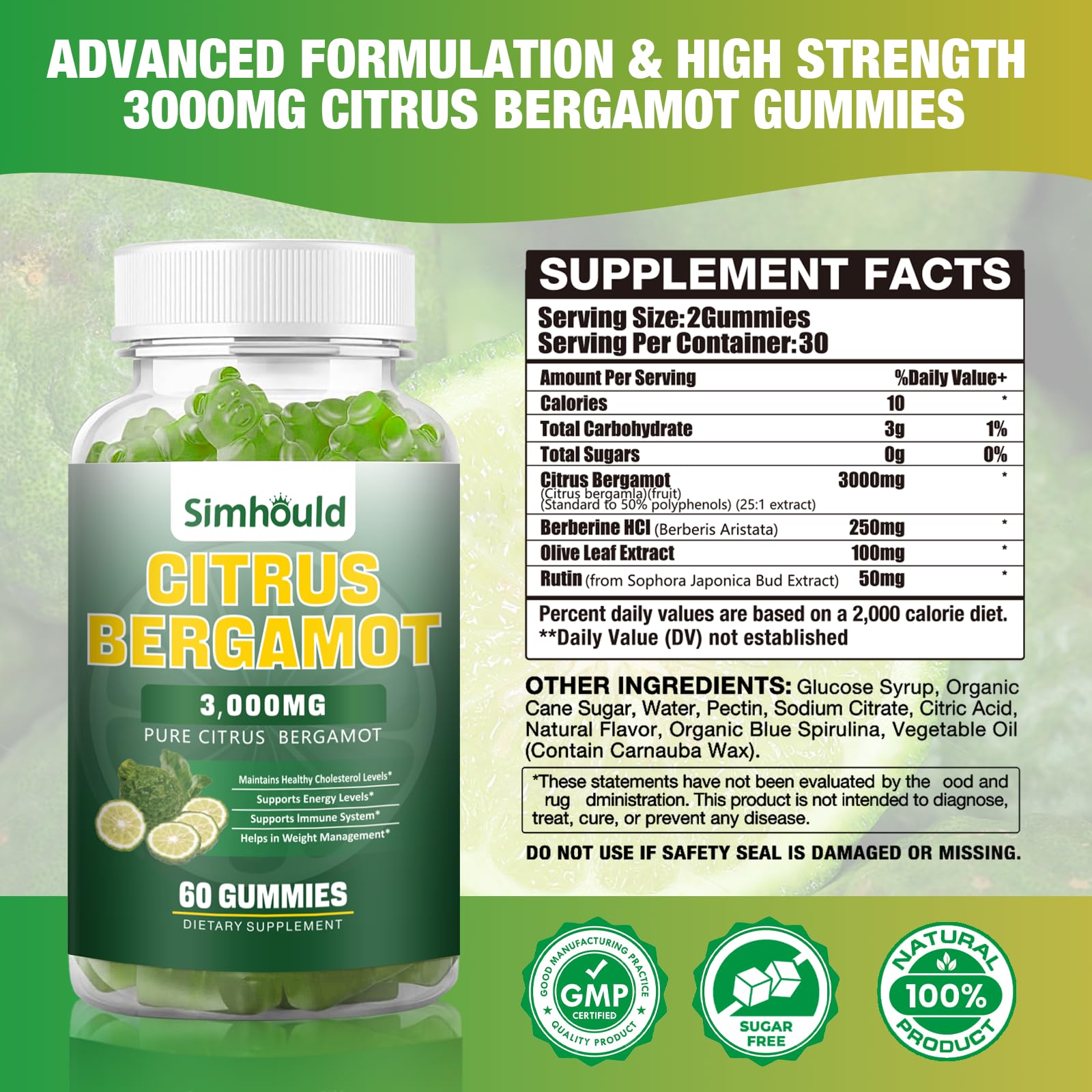 Simhould Citrus Bergamot Gummies bottle closeup shows vibrant lime color