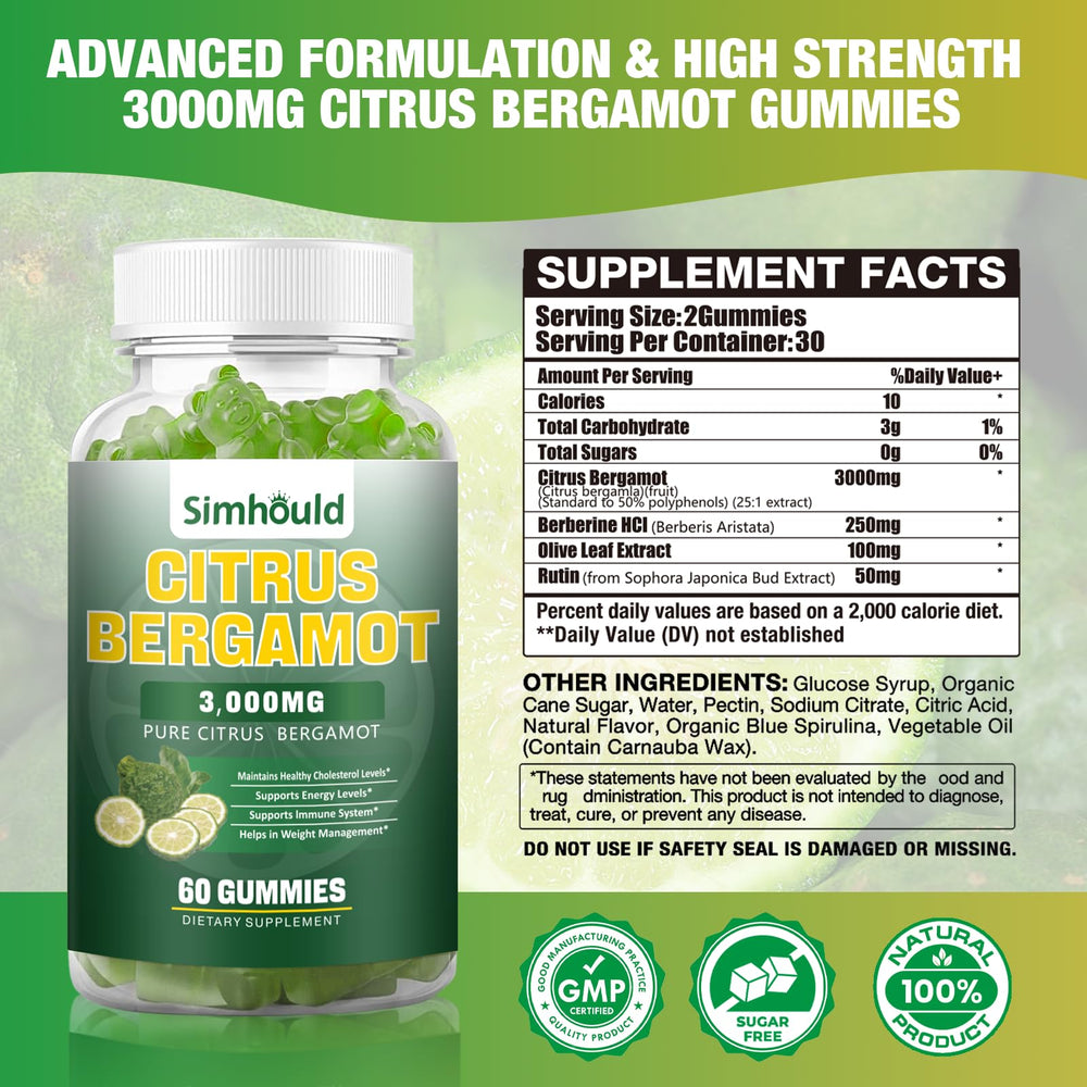 Simhould Citrus Bergamot Gummies bottle closeup shows vibrant lime color