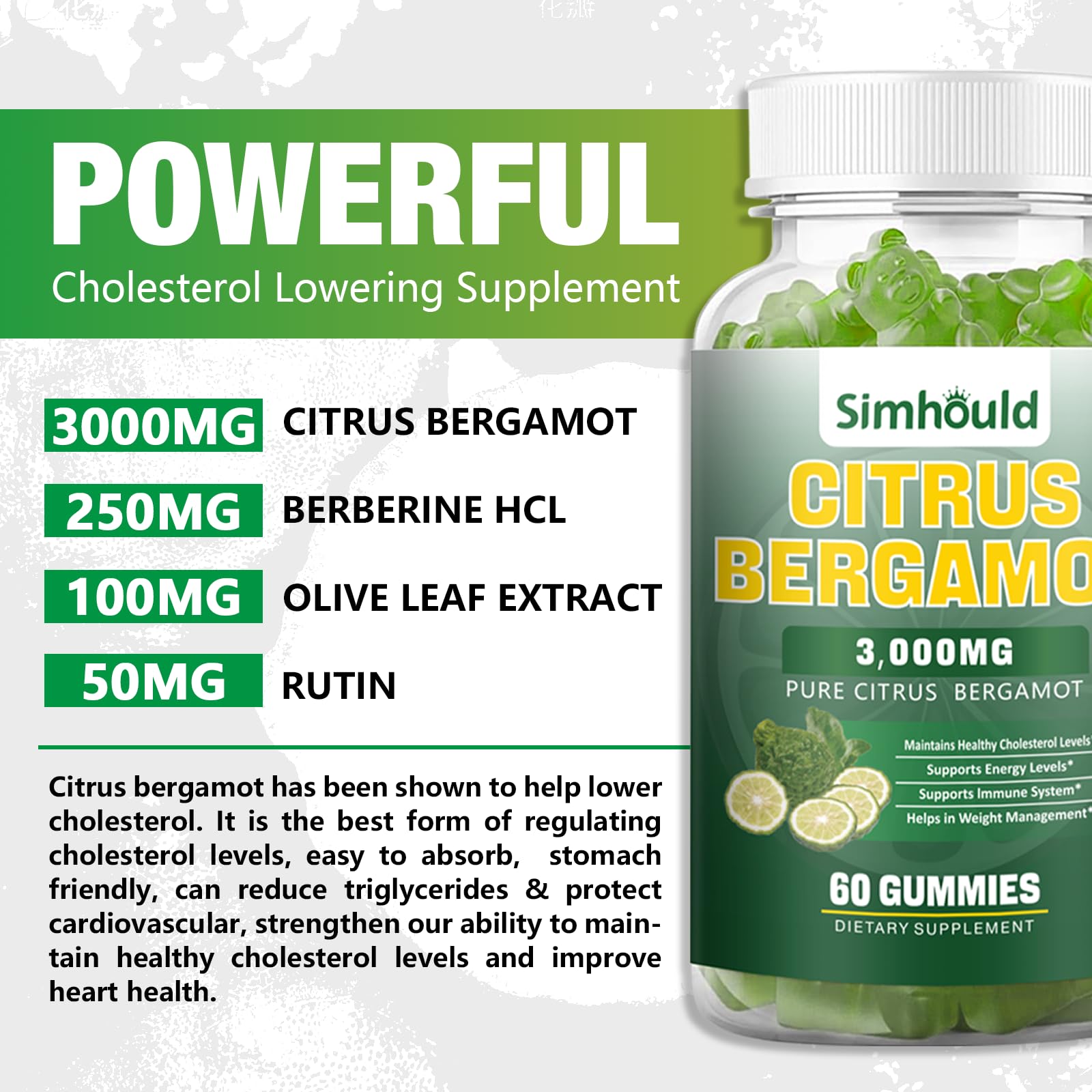 Simhould Citrus Bergamot Gummies ingredients label with bergamot, berberine, olive leaf