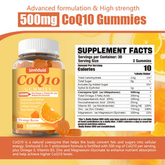 Simhould CoQ10 gummies bottle back shows label details and non-GMO formulation.
