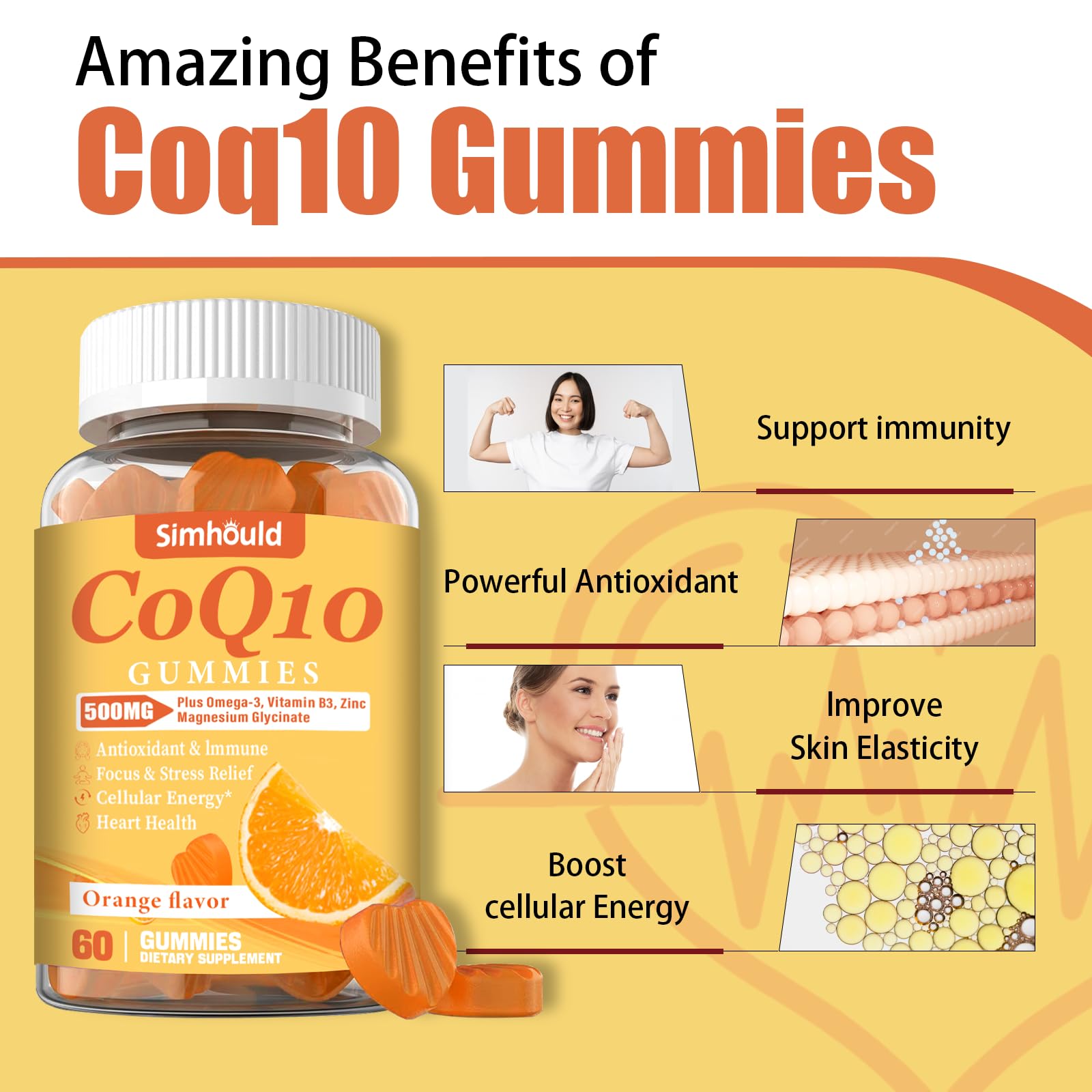 Ingredients panel highlighting CoQ10 and Omega-3 blend in Simhould gummies.