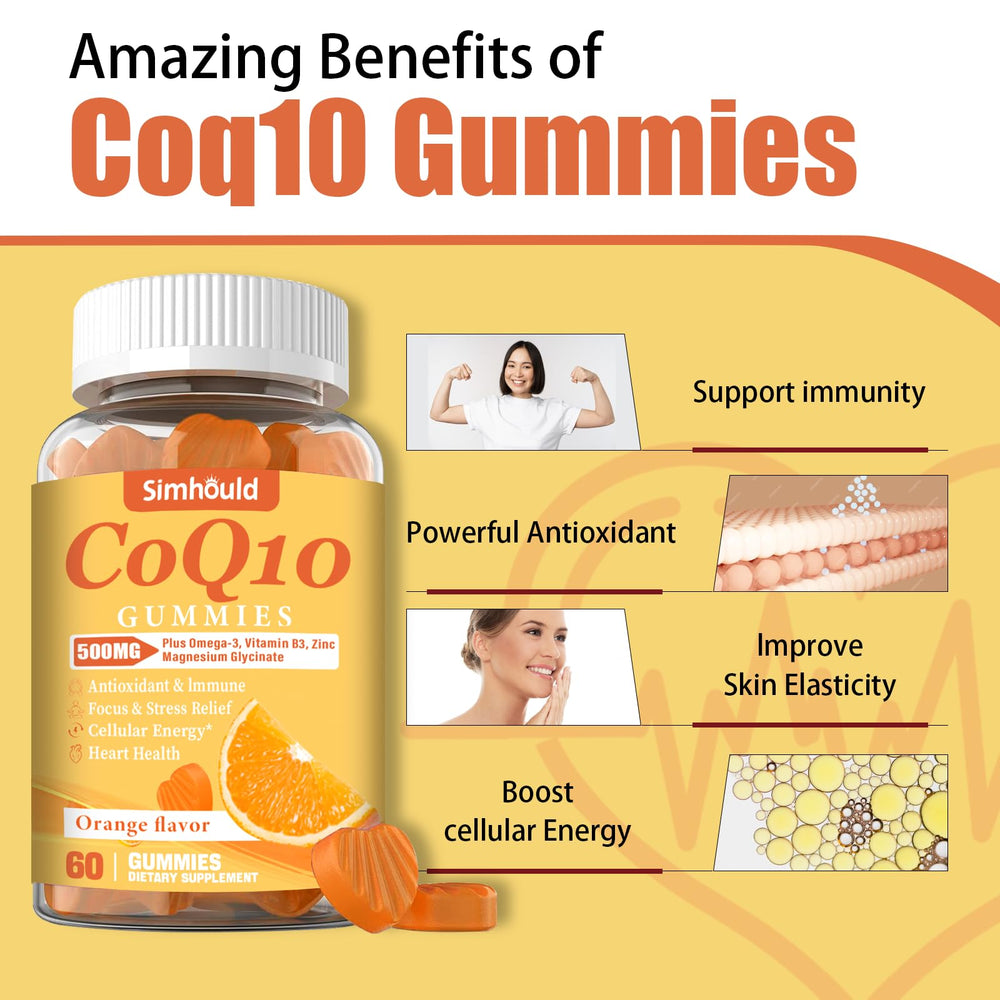 Ingredients panel highlighting CoQ10 and Omega-3 blend in Simhould gummies.