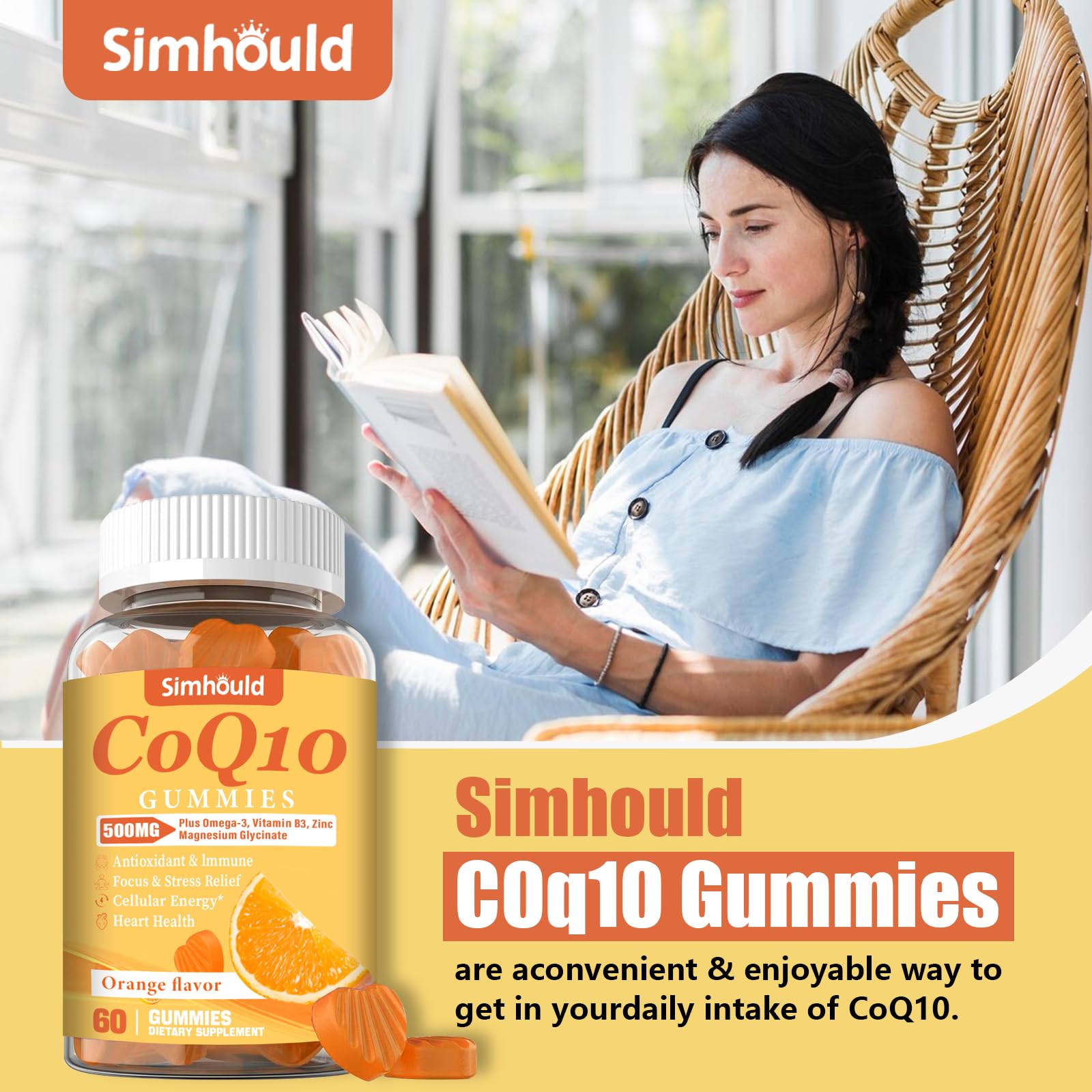 Simhould CoQ10 gummies on a kitchen counter suggesting a daily routine and storage.