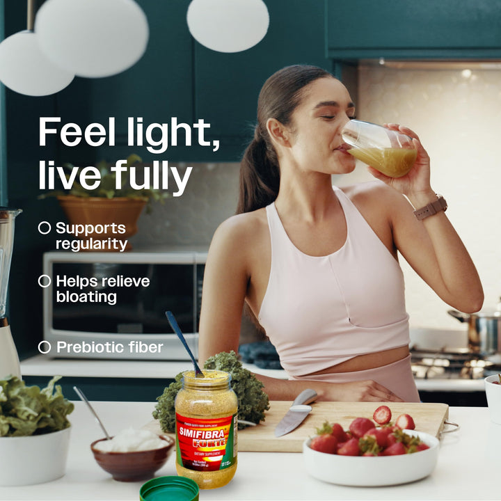 Kitchen scene with Simifibra Forte bottle on shelf for everyday wellness.