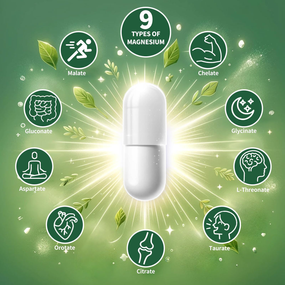 Simlike Magnesium 9-Forms bottle and label highlight non-GMO and allergen-free formula.