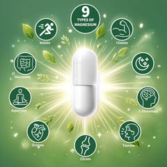 Simlike Magnesium 9-Forms bottle and label highlight non-GMO and allergen-free formula.